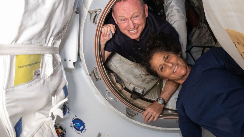 Astronauts Sunita Williams and Butch Wilmore float in the International Space Station.